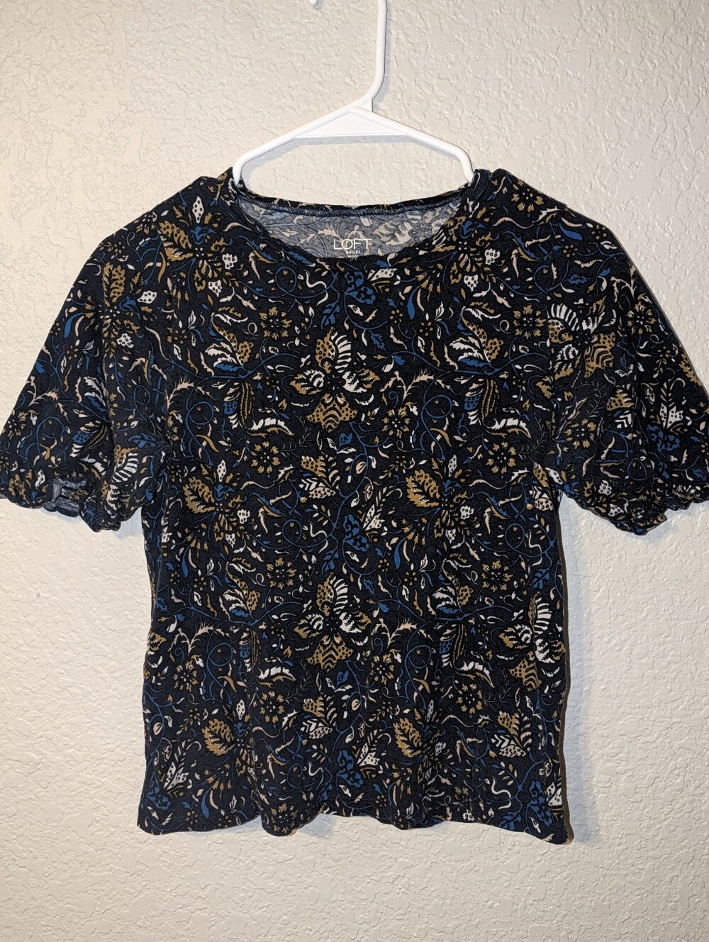 LOFT Navy Blue & Mustard 70s Style Floral Puff Sleeve Top, Size XS Petite